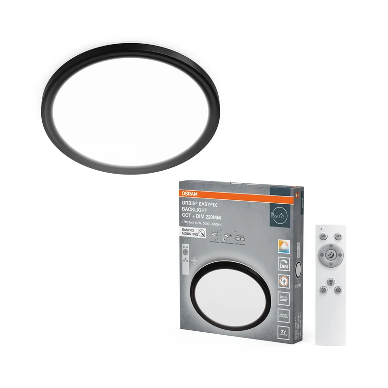 OSRAM ORBIS EASYFIX LED Backlight Deckenleuchte 22cm 14W CCT +DIM, Fernbedienung, schwarz