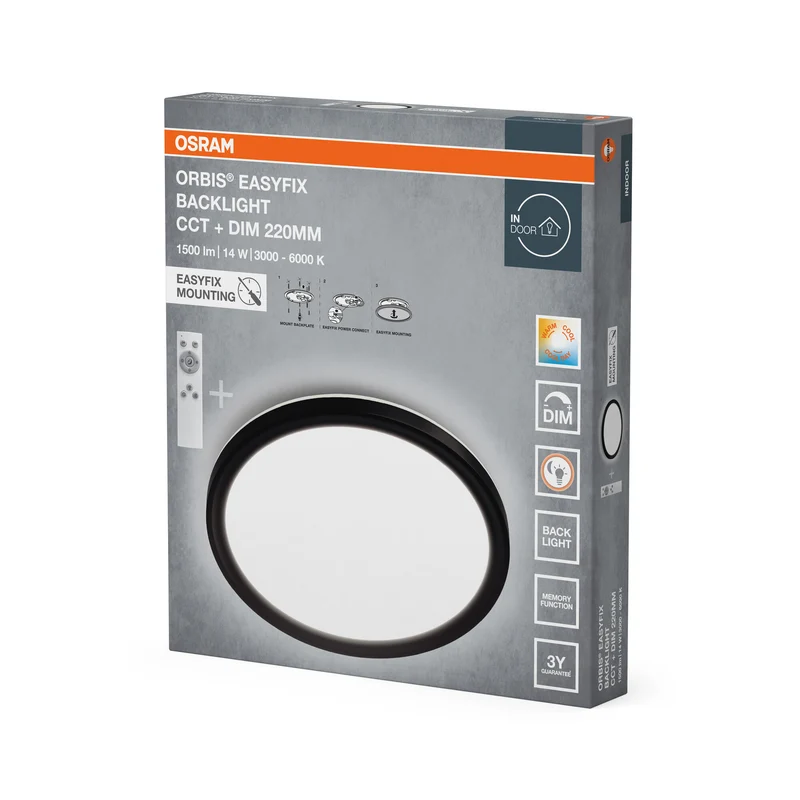 OSRAM ORBIS EASYFIX LED Backlight Deckenleuchte 22cm 14W CCT +DIM, Fernbedienung, schwarz