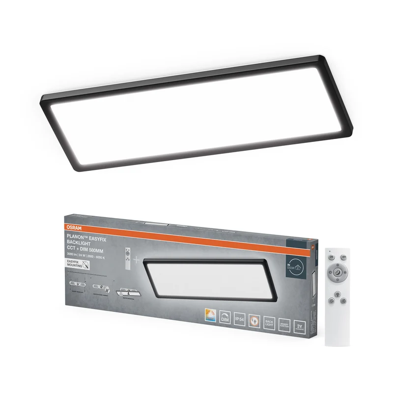 OSRAM PLANON EASYFIX LED Panel Backlight Deckenleuchte 24W 58cm CCT +DIM Fernbedienung IP54, schwarz