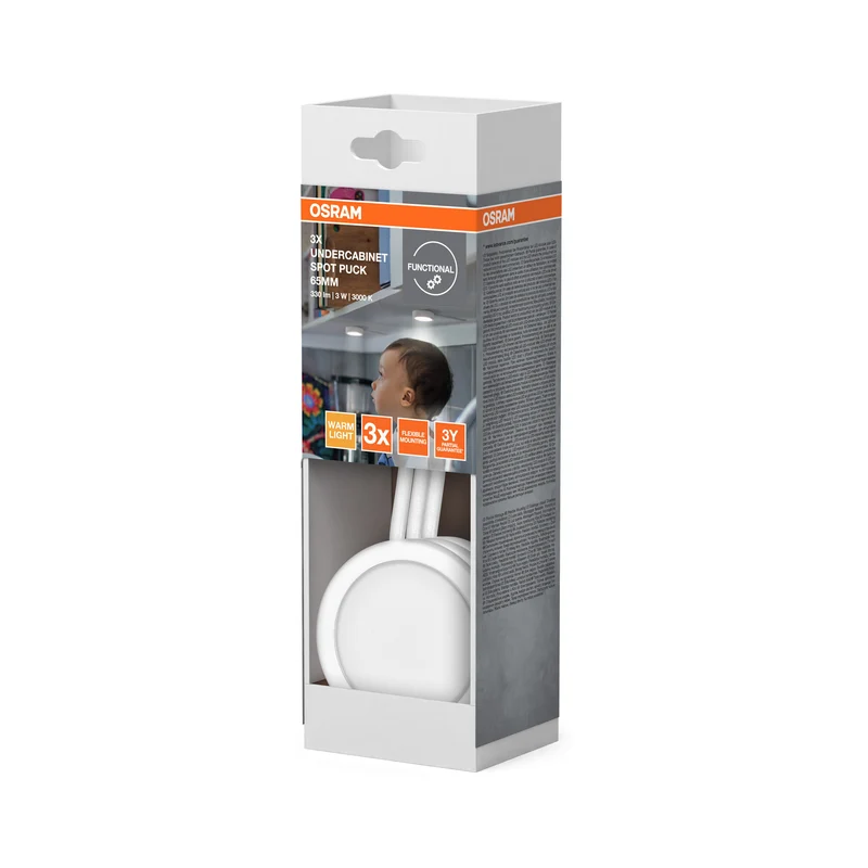 OSRAM UNDERCABINET SPOT PUCK LED Unterbauleuchte, 65mm, 3x3W, 3000K, Warmweiß, Weiß
