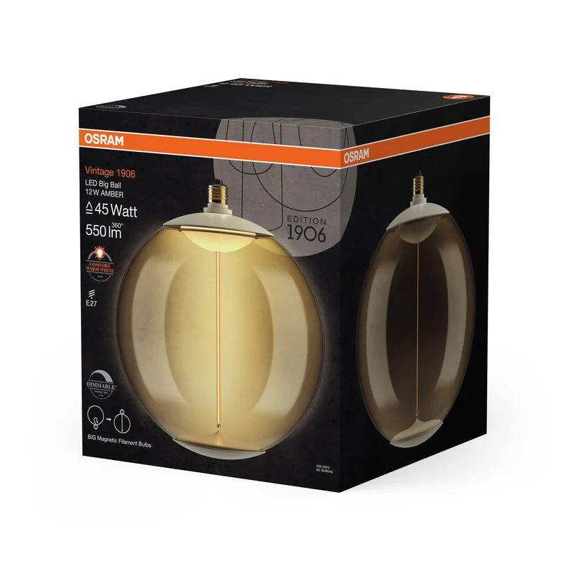 OSRAM Vintage 1906 LED Große Dekorlampe mit Filament-Magnetstil dimmbar 12W 818 Amber E27