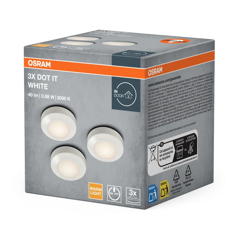 OSRAM DOT-it mobile LED Leuchte, batteriebetrieben, 0,68W, 3000K, Warmweiß, 3er Pack