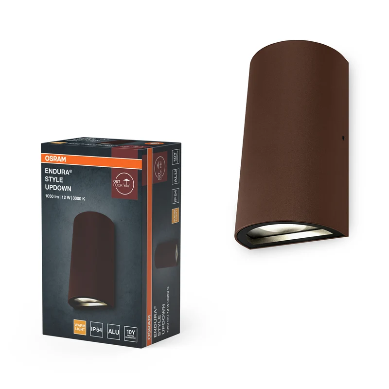 OSRAM ENDURA Style UpDown Außenwandleuchte, Rust, 12 W, 700 lm, 3000 K, 100° Abstrahlwinkel, 30. 000 h Lebensdauer, IP54, Aluminiumgehäuse, Glasabdeckung, 160 mm Höhe