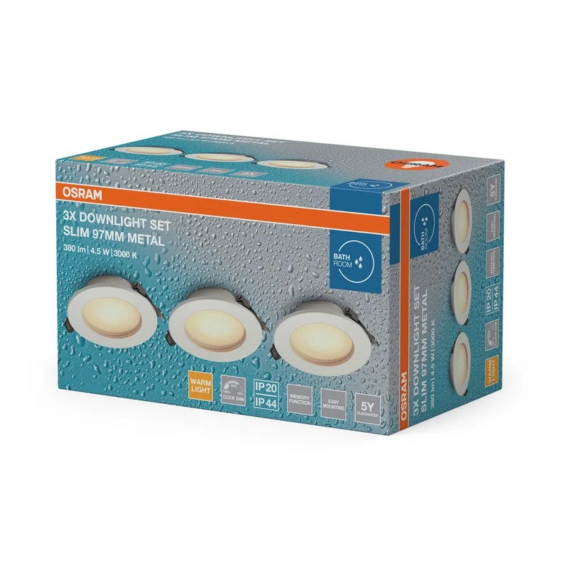 OSRAM LED Downlight Einbaustrahler Bad Set IP44 Slim 97 mm 4.5W Metall Weiß ⌀75 mm
