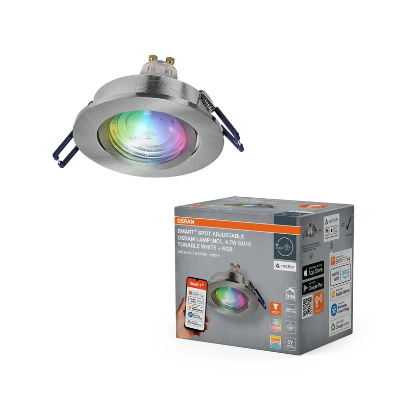 OSRAM Matter SMART+ LED smarter Einbauspot Bad GU10 schwenkbar 4.7W RGBW Satin-Nickel ⌀68 mm