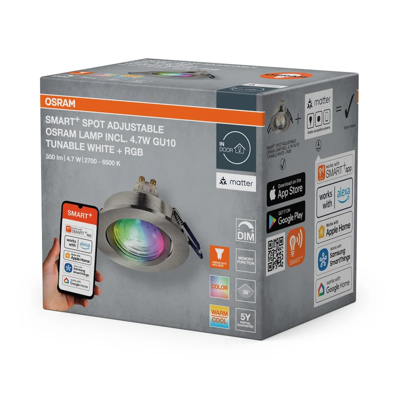 OSRAM Matter SMART+ LED smarter Einbauspot Bad GU10 schwenkbar 4.7W RGBW Satin-Nickel ⌀68 mm