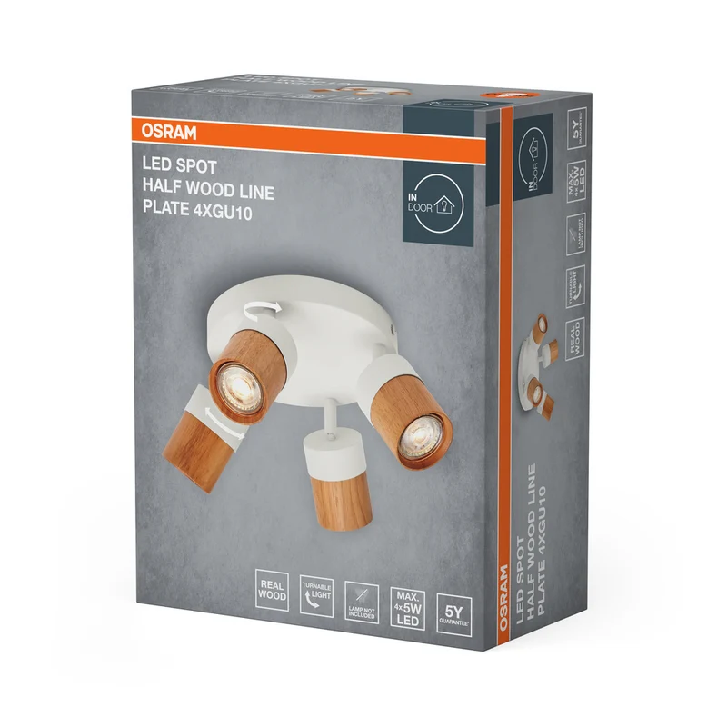 OSRAM LED Spot Half Wood Line Plate Deckenleuchte 4xGU10 Weiß und Holzdekor