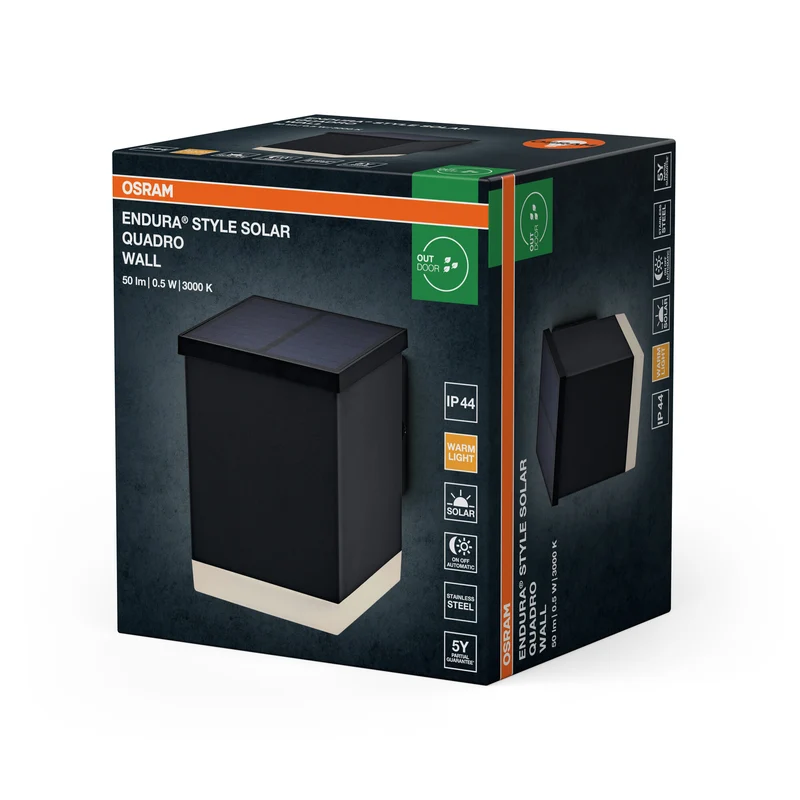 OSRAM ENDURA STYLE SOLAR WALL Außenleuchte, 0,5W, 50lm, Wandleuchte, dunkelgrau, indirekte Beleuchtung, wiederaufladbarer Akku, IP44 Schutzklasse, 3. 000K Farbtemperatur, warmweiße Lichtfarbe