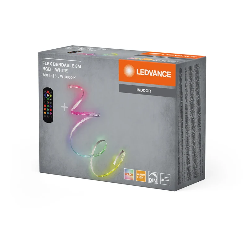 LEDVANCE Flex Bendable RGBW LED Streifen 3M, inkl. Fernbedienung, selbstklebend, dimmbar, mit Batterie und Montagezubehör