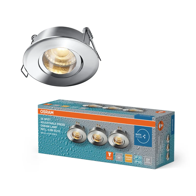 OSRAM LED Spot Recess Einbaustrahler Bad Set GU10 IP65 4.5W Chrom ⌀68 mm