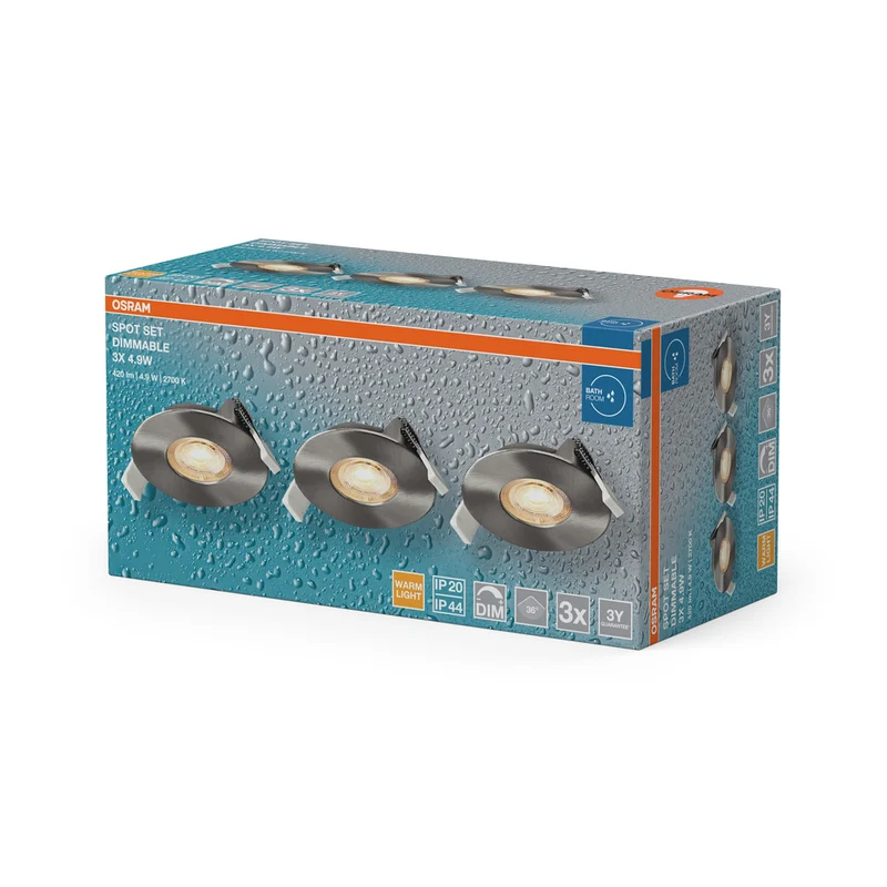 OSRAM LED Spot Recess Bad Einbaustrahler Set DIM IP44 4.9W 36° Satin-Nickel ⌀68 mm
