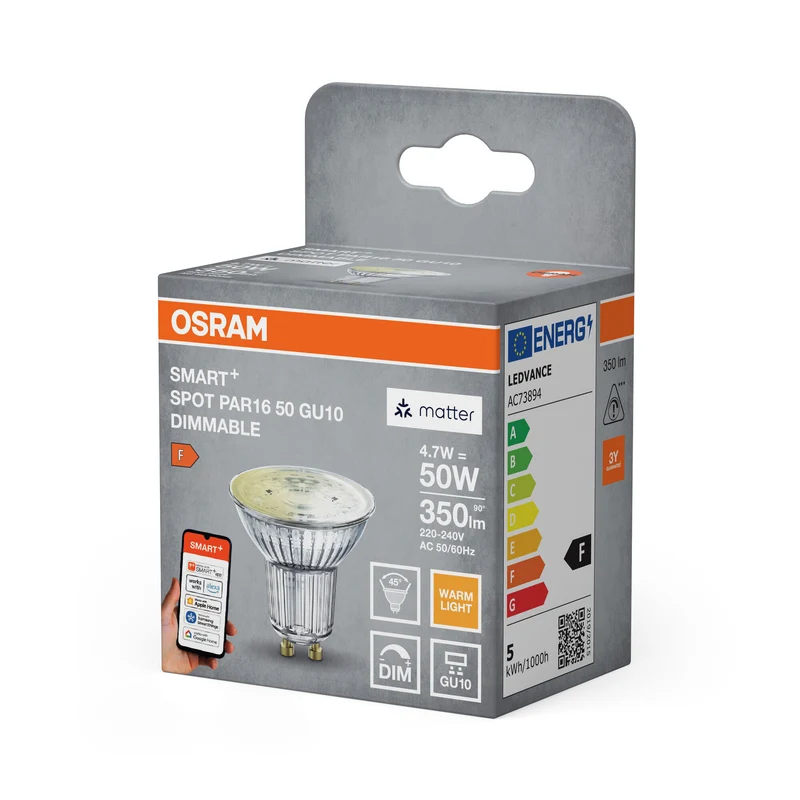OSRAM SMART+ MATTER Spot Dimmable in PAR16-Form, LED-Spot, Glas, 4,7 W, 350 lm, 2700 K, Matter, Google Assistant, Amazon Alexa, Smartspeaker-Kompatibel, Dimmbar, CRI 80