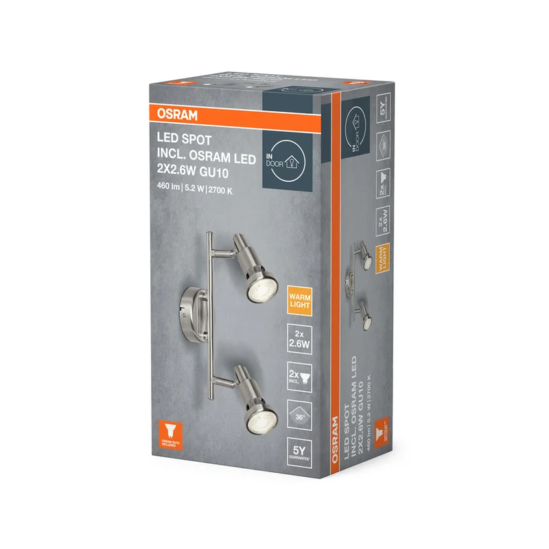 OSRAM LED SPOT BRUSHED SILVER GU10 2 x 2.6W , 460 lm, 2700 K, Warmweiß