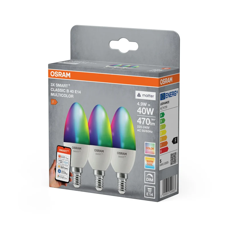 OSRAM SMART+ MATTER Classic shapes Multicolor in B-Form, LED-Lampe, Matt, 4,9 W, 470 lm, von 2700 bis 6500 K, Matter, Smartspeaker-Kompatibel, Dimmbar