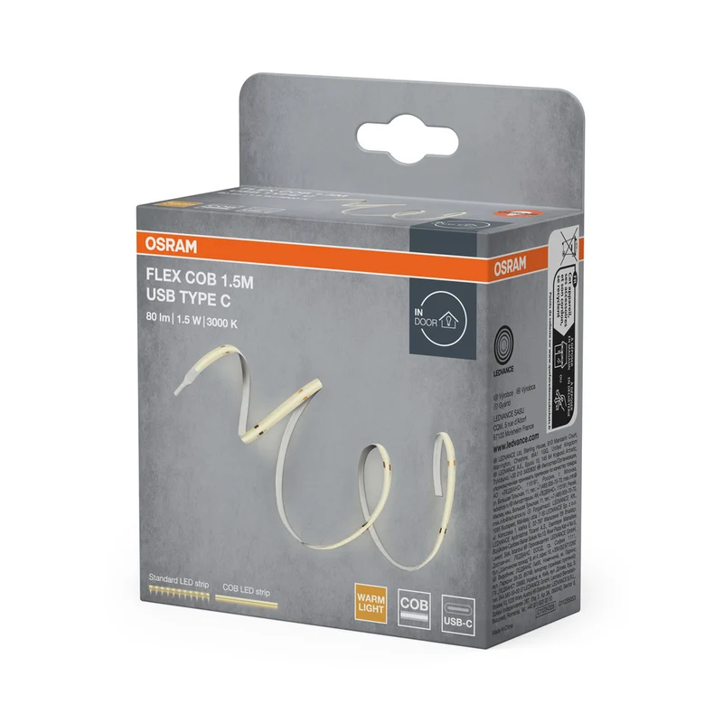 OSRAM USB STRIPS COB Type C LED-Lichtstreifen, 1.5m, 80lm, 1.5W, 3000K