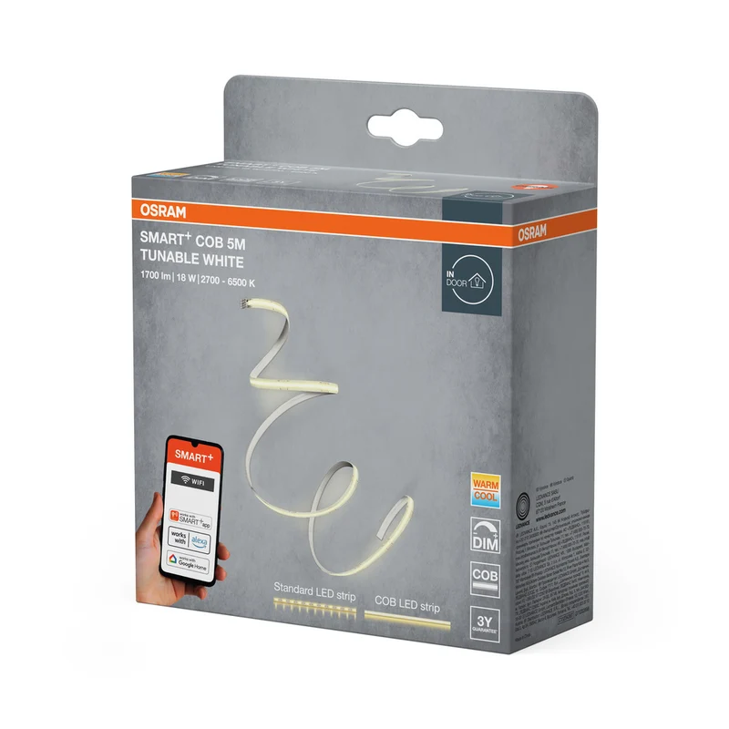 OSRAM Wifi SMART+ COB TUNABLE WHITE LED-Lichtstreifen, 5m, Tunable White, 1700lm, 18W, 2700-6500K, mit Fernbedienung