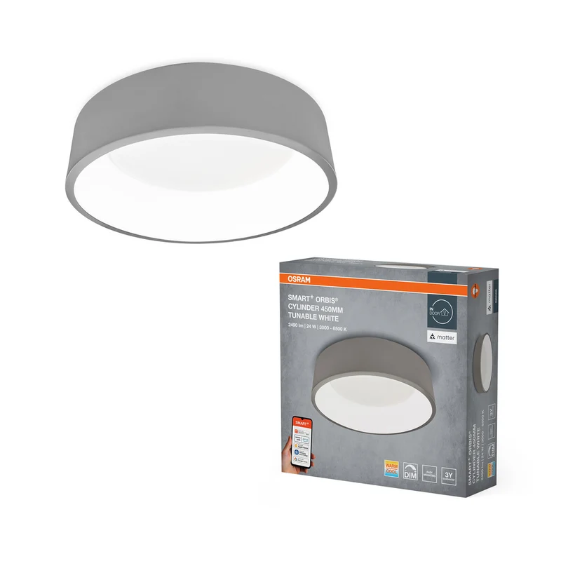 OSRAM Matter SMART+ Orbis Cylinder LED Deckenleuchte Tunable Weiß 45cm 24W / 3000-6500K Grau