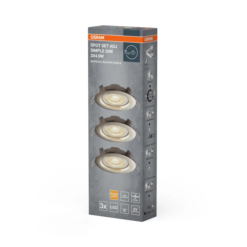 OSRAM LED Einbaustrahler, Ø 90mm, 3er Set, 3x 5W, Warmweiß, Stufenlos Dimmbar per Wandschalter, grau