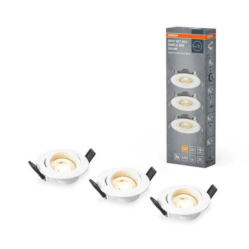 OSRAM LED Einbaustrahler 3er Set, 3x 5W, Ø 90mm, Warmweiß, Stufenlos Dimmbar per Wandschalter, weiß