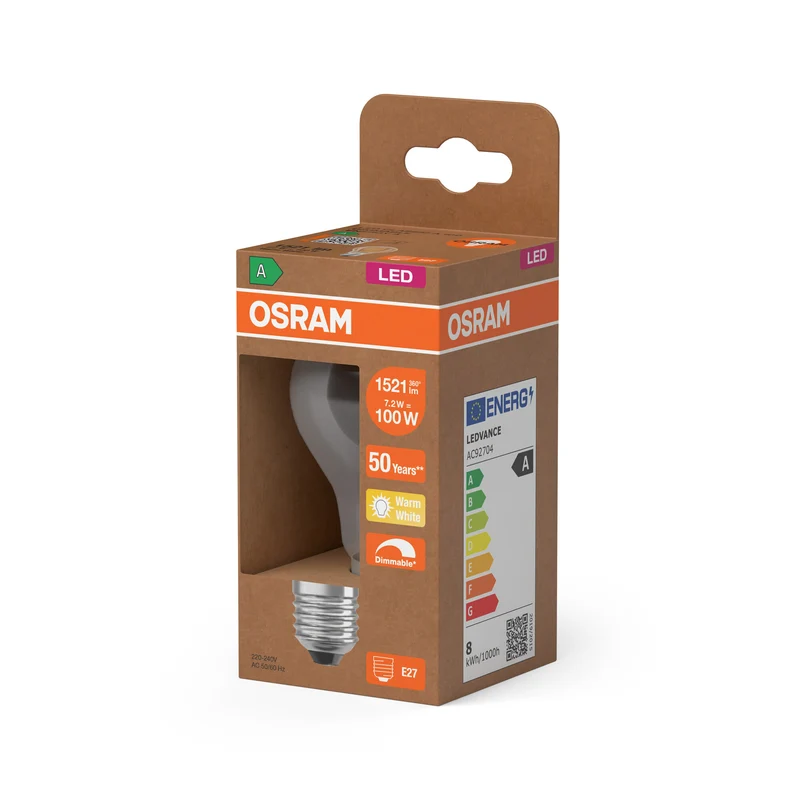 OSRAM LED CLASSIC A ENERGY EFFICIENCY A DIM in A-Form, LED-Lampe, Glas, klar, 7,2 W, 1521 lm, 2700 K, Dimmbar, Energieeffizienzklasse: A, CRI 80