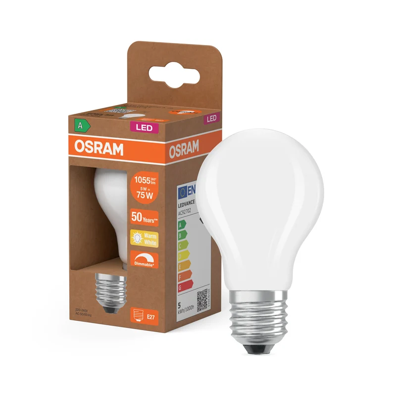 OSRAM LED CLASSIC A ENERGY EFFICIENCY A DIM in A-Form, LED-Lampe, Glas, Matt, 5 W, 1055 lm, 2700 K, Dimmbar, Energieeffizienzklasse: A, CRI 80