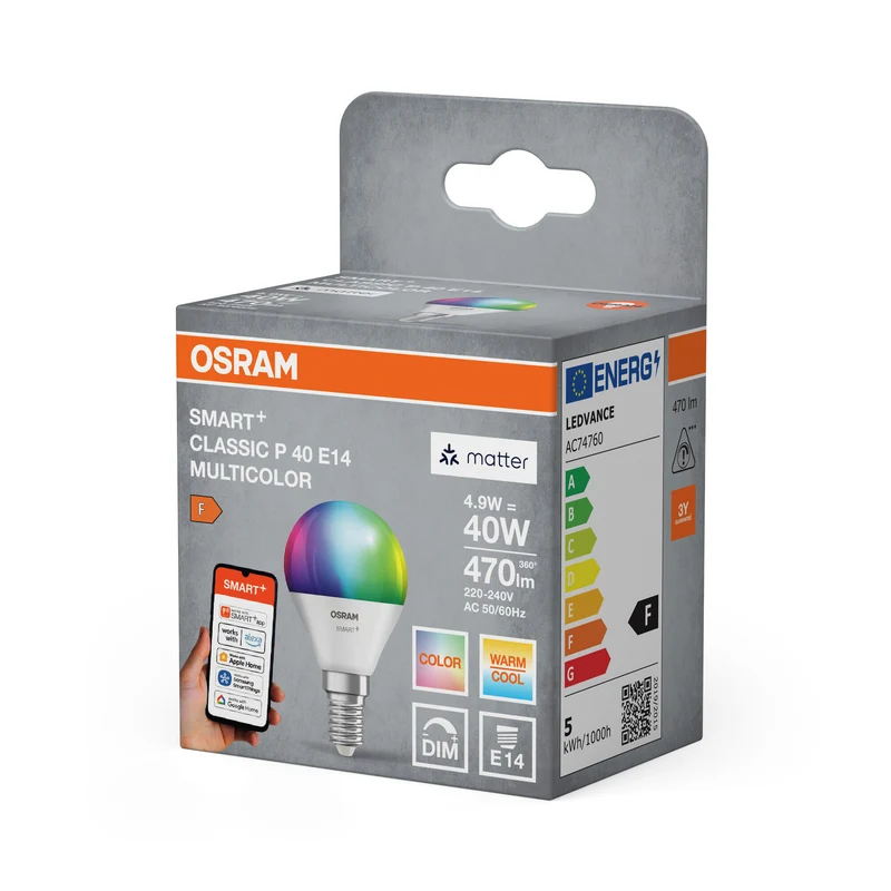 OSRAM SMART+ MATTER Classic shapes Multicolor in P-Form, LED-Lampe, Matt, 4,9 W, 470 lm, von 2700 bis 6500 K, Matter, Smartspeaker-Kompatibel, Dimmbar