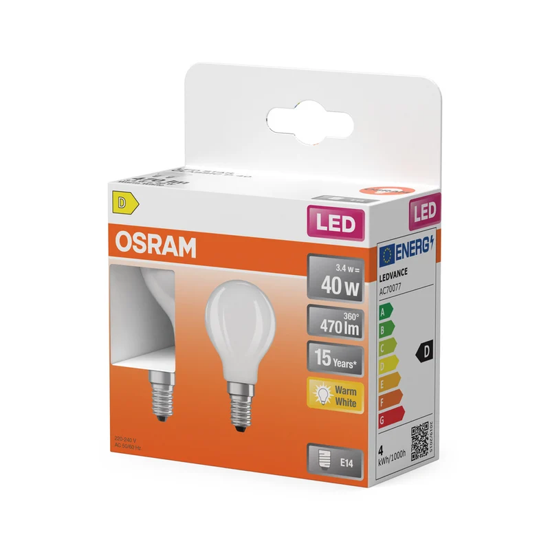 OSRAM LED-Lampen, klassische Miniballform, 40 Watts Ersatz, E14, P-shape, 2700 Kelvin, Warm weiß, Klares Glas, 2-er Pack