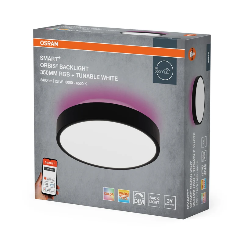 OSRAM Wifi SMART+ ORBIS BACKLIGHT LED Deckenleuchte RGBW mehrfarbig 35cm Tunable Weiß 28W / 3000-6500K schwarz