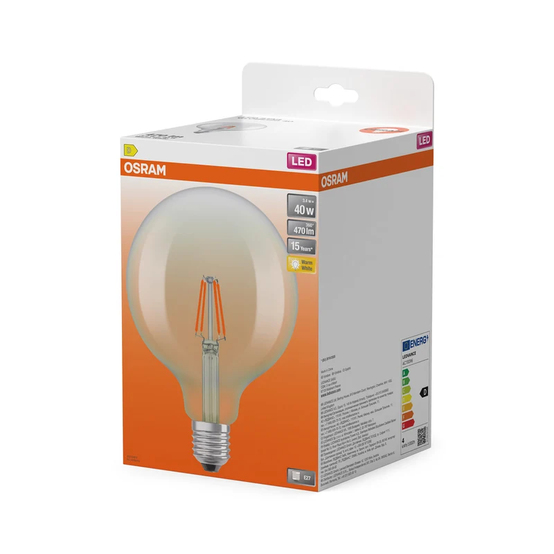 OSRAM LED-Lampen, klassische Ballform, 40 Watts Ersatz, E27, G125, 2700 Kelvin, Warm weiß, Klares Glas, single Pack