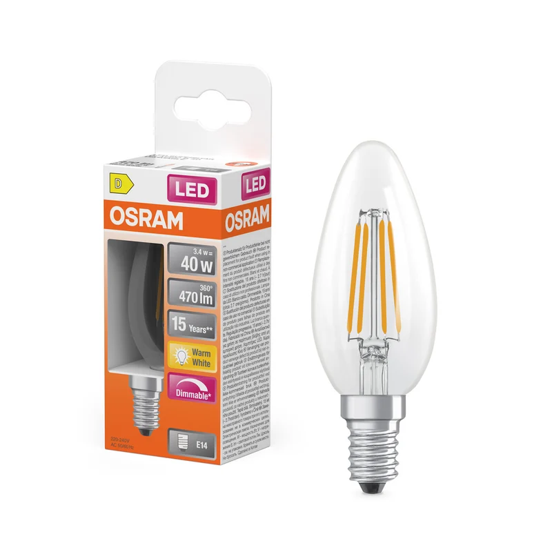 OSRAM Retrofit Classic B LED Lampe Kerzenform dimmbar (ex 40W) 5W / 2700K Warmweiß, E14