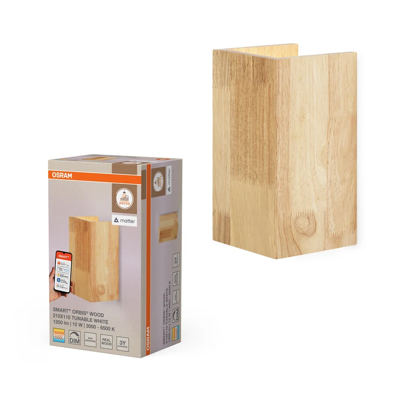 OSRAM Matter SMART+ ORBIS WOOD LED Wandleuchte 21x11cm in Holzoptik Tunable Weiß 12W / 3000-6500K
