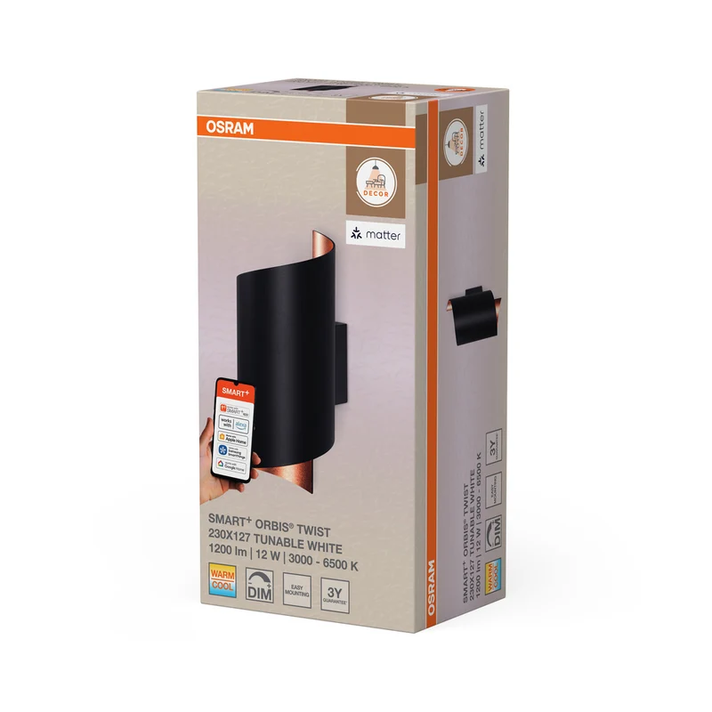 OSRAM Matter SMART+ ORBIS TWIST LED Wandleuchte 23x12,7cm Tunable Weiß 12W / 3000-6500K schwarz