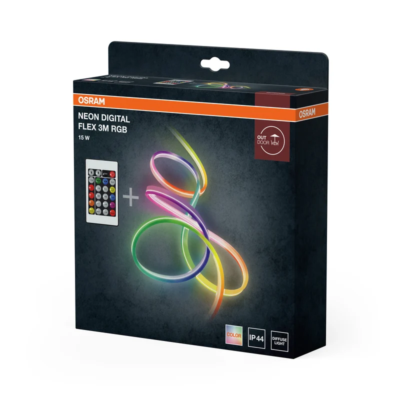 OSRAM Neon Digital Flex mehrfarbige Outdoor-LED-Strips 3M RGB + RC aus Silikon, IP44-Schutz, indirekte und direkte Beleuchtung für Garten und Balkon