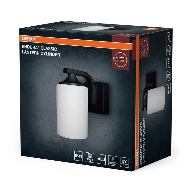 OSRAM ENDURA Classic Wandleuchte, Schwarz, E27, IP43, Aluminiumgehäuse, Glasdiffusor, geeignet für Außenbereiche, ohne Leuchtmittel