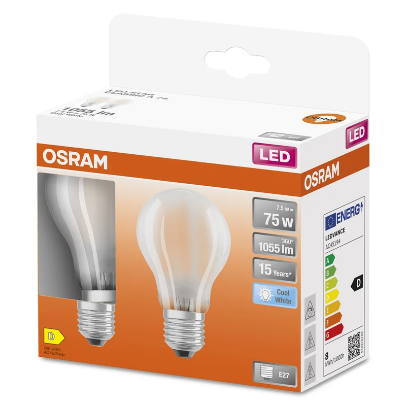 OSRAM LED Lampe LED Retrofit CLASSIC A 7.5W 840 Frosted E27 2er Pack, 1055 lm, 4000 K, Kaltweiß