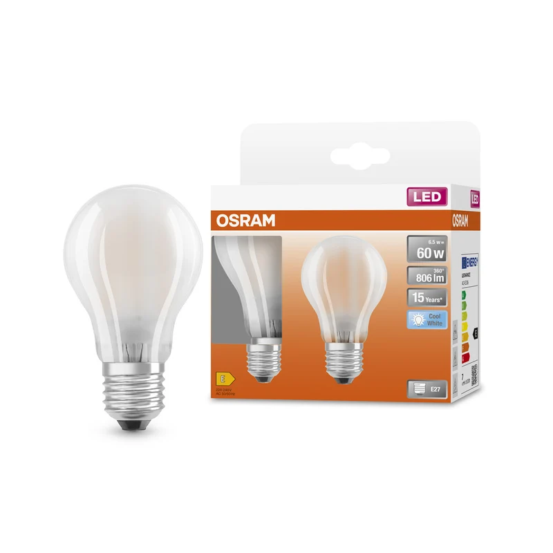 OSRAM LED Lampe LED Retrofit CLASSIC A 6.5W 840 Frosted E27, 806 lm, 4000 K, Kaltweiß, 2er Pack