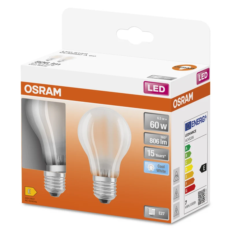 OSRAM LED Lampe LED Retrofit CLASSIC A 6.5W 840 Frosted E27, 806 lm, 4000 K, Kaltweiß, 2er Pack