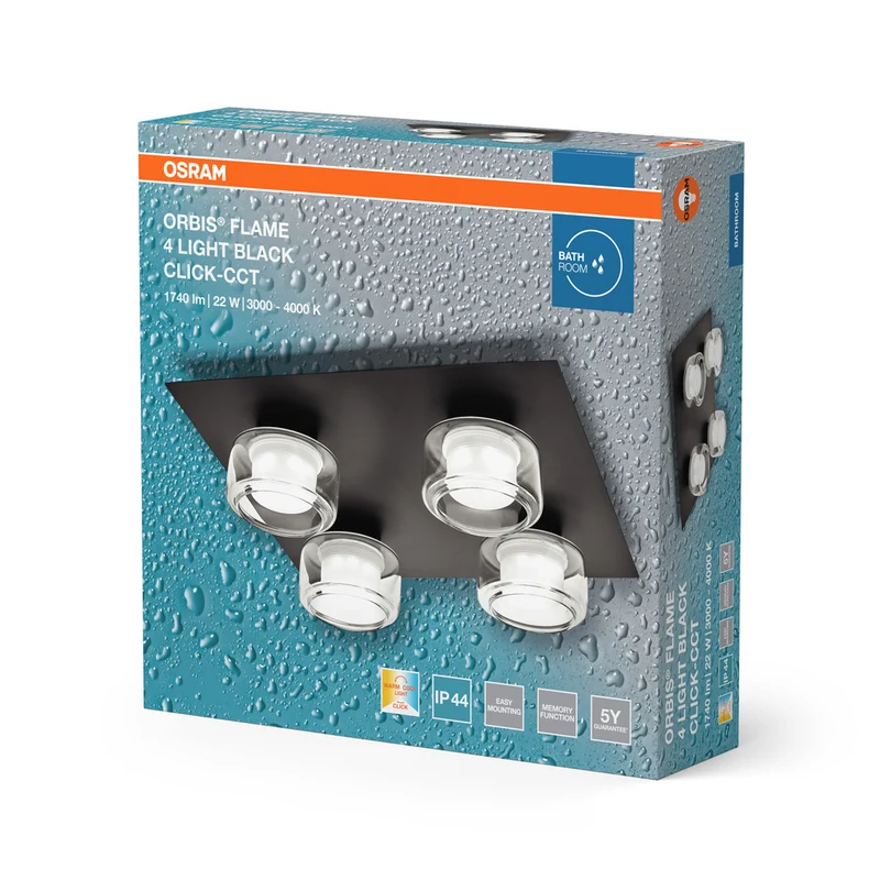 OSRAM ORBIS Flame Badezimmer Deckenleuchte 22W Click CCT IP44 schwarz