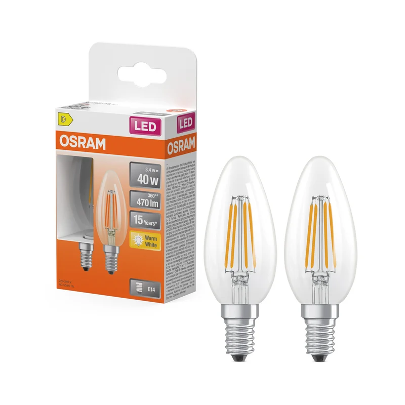 OSRAM LED-Lampen, klassische Minikerzenform, 40 Watts Ersatz, E14, B-shape, 2700 Kelvin, Warm weiß, Klares Glas, 2-er Pack