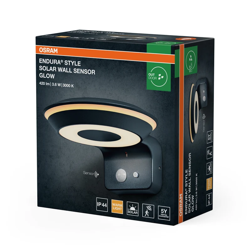 OSRAM ENDURA Style Solar-Wandleuchte Glow, zwei separat steuerbare Lichtringe, warmweißes Licht (3000K), integrierter Sensor, ohne Strom nutzbar, Schutzklasse IP44, dunkelgrau