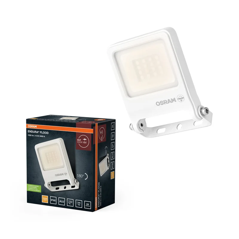 OSRAM ENDURA FLOOD PC 10W LED-Fluter, 3000K warmweiß, 1000 Lumen, IP65 weißes Flutlicht,180° Montagebügel, Weiß