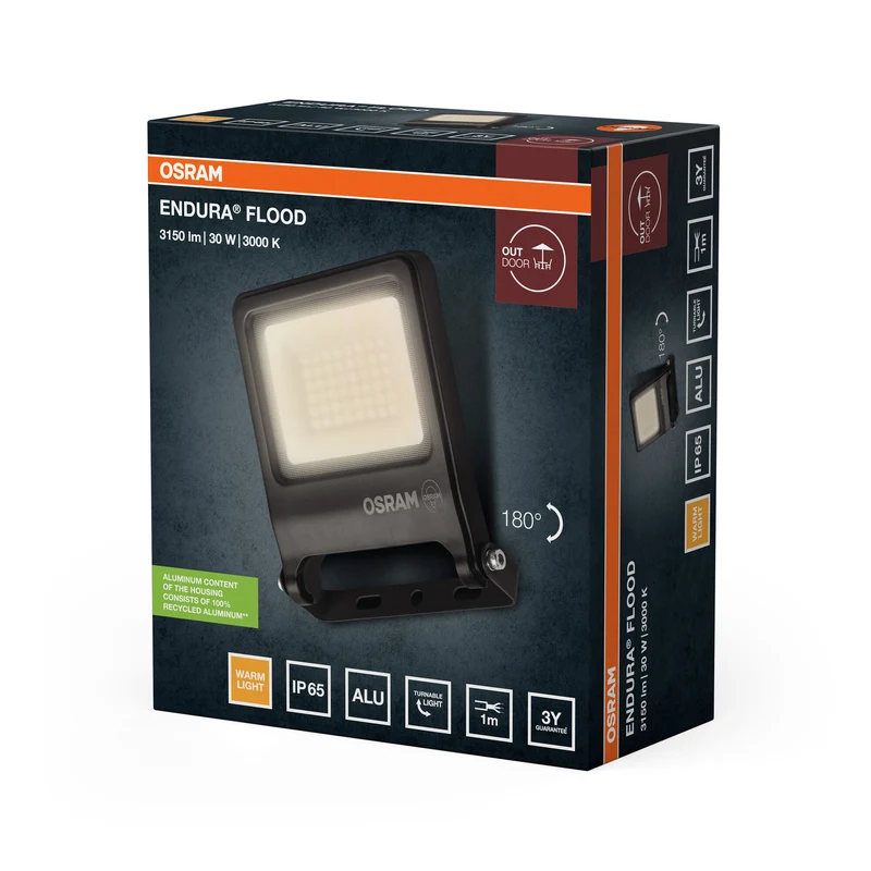 OSRAM ENDURA FLOOD PC 30W LED-Fluter, 3000K warmweiß, 3000 Lumen, IP65, 110° Lichtwinkel, 100 lm/W, Grau