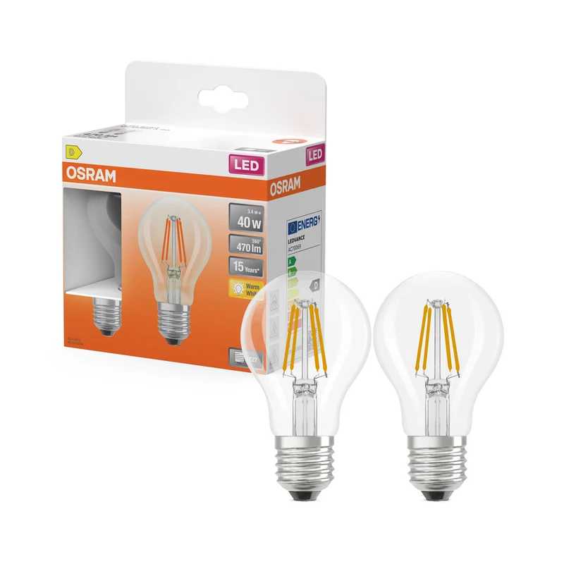 OSRAM LED-Lampen, klassische Kolbenform, 40 Watts Ersatz, E27, A-shape, 2700 Kelvin, Warmweiß, Klares Glas, 2-er Pack