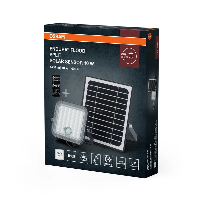 OSRAM LED-Solar-Außenleuchte Endura Outdoor schwarz mit Flutlicht und Solar-Panel, 5 m langes Kabel, mit Fernbedienung und PIR-Bewegungsmelder, 10 W, 1400 lm, 840, 4000 K Lichtfarbe, EEK A