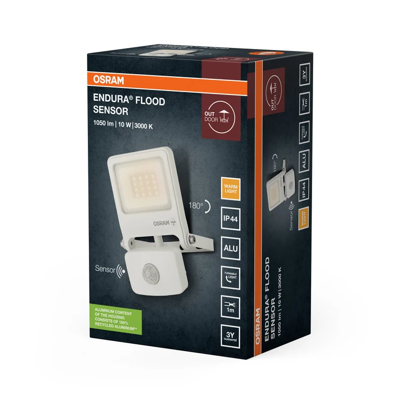 OSRAM ENDURA FLOOD PC 10W LED-Fluter mit Sensor, 3000K warmweiß, 1000 Lumen, IP44 weißes Flutlicht IR-Sensor 9m, Zeit/Lux-Funktion, Weiß