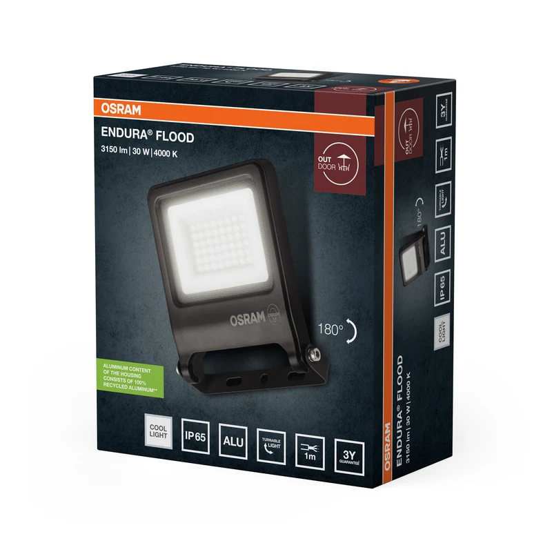 OSRAM ENDURA FLOOD PC 30W LED-Fluter, 4000K kaltweiß, 3000 Lumen, IP65 Flutlicht, Montagebügel 180°, 100 lm/W, Grau
