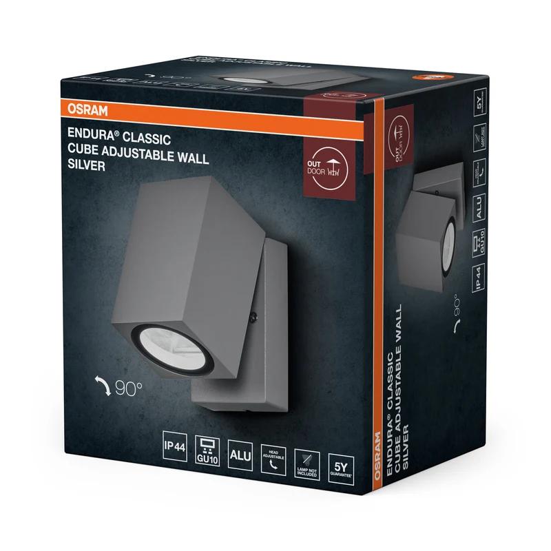 OSRAM ENDURA Classic Cube ADJ WALL Außen-Wandleuchte, silber, GU10-Sockel (max 35W), kann mit einfacher oder smarter Lampe bestückt werden, ausrichtbarer Leuchtenkopf, Schutzklasse IP44