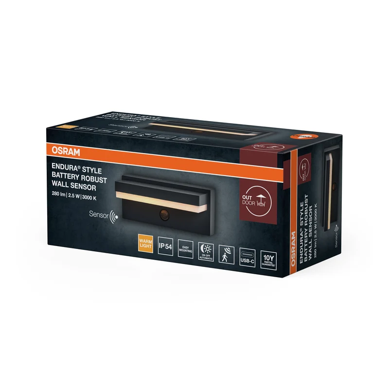 OSRAM Endura Style LED Akku Wandleuchte Robust, 2,5W, 3000K warmweiß, 180 lm, USB, PIR Sensor, 2 Monate