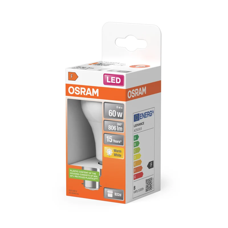 OSRAM LED LAMP WITH CLASSIC A in A-Form, LED-Lampe, Matt, 8 W, (ex 60 W), 806 lm, Warmweiß, 2700 K, 15000 h, CRI 80
