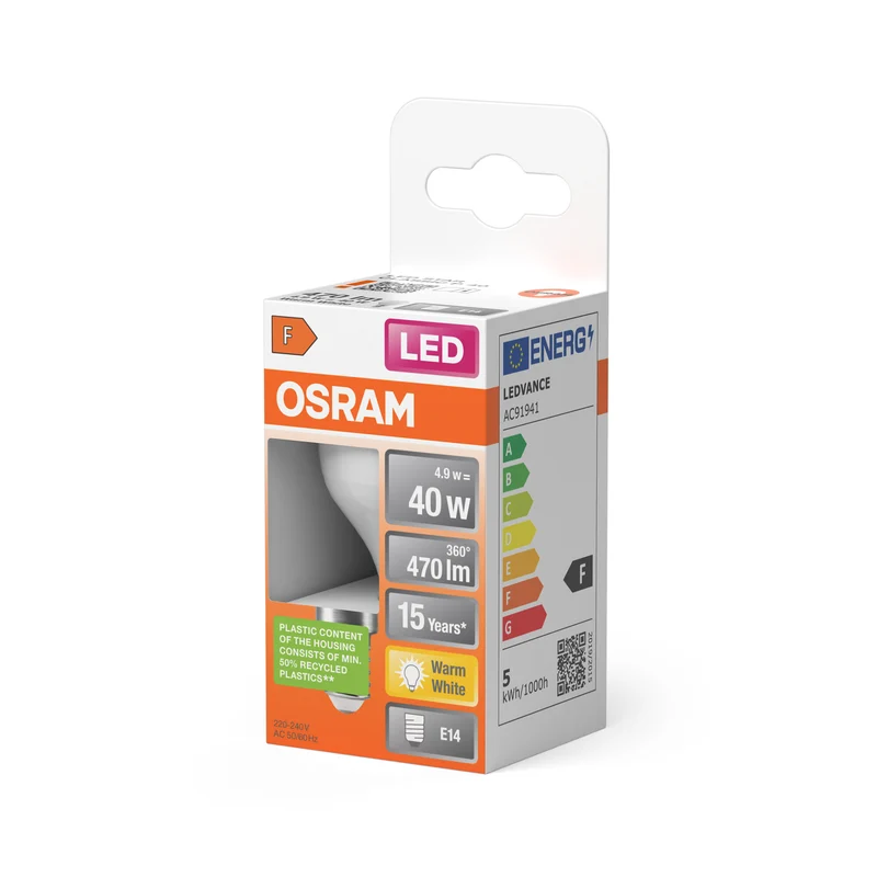 OSRAM LED PCR LAMP WITH CLASSIC P in P-Form, LED-Lampe, Matt, 4,9 W, (ex 40 W), 470 lm, Warmweiß, 2700 K, 15000 h, CRI 80